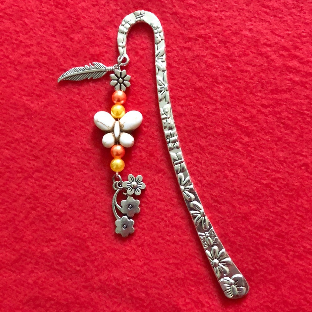 White Butterfly Accentuates this Silver,  Double-Sided, Etched Bookmark
